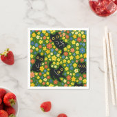 Cute Black Cats Floral Meadow Pattern スタンダードカクテルナプキン (インサイチュ)