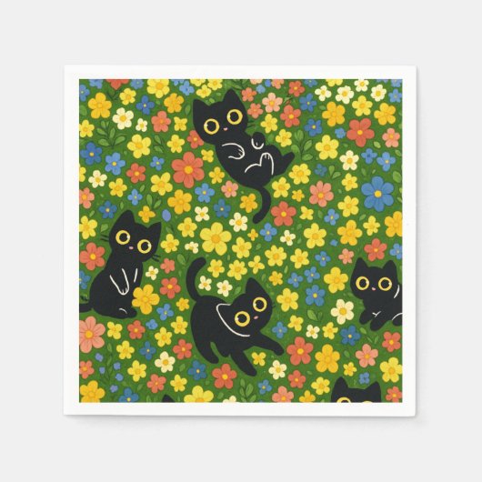 Cute Black Cats Floral Meadow Pattern スタンダードカクテルナプキン (正面)