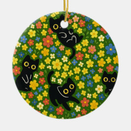 Cute Black Cats Floral Meadow Pattern セラミックオーナメント