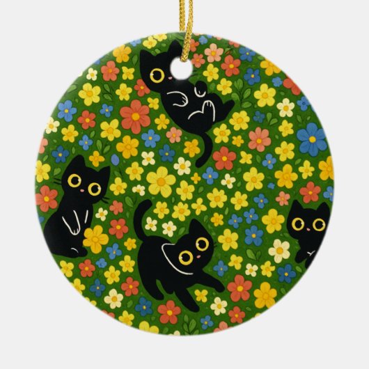 Cute Black Cats Floral Meadow Pattern セラミックオーナメント (正面)