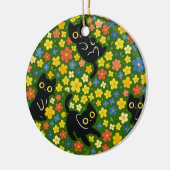 Cute Black Cats Floral Meadow Pattern セラミックオーナメント (左)