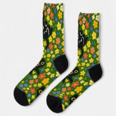 Cute Black Cats Floral Meadow Pattern ソックス (左)