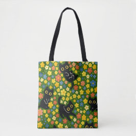Cute Black Cats Floral Meadow Pattern トートバッグ