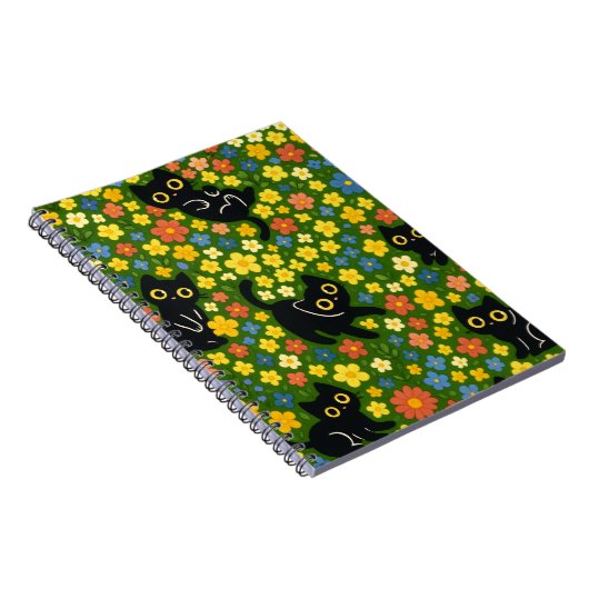 Cute Black Cats Floral Meadow Pattern ノートブック (右側)