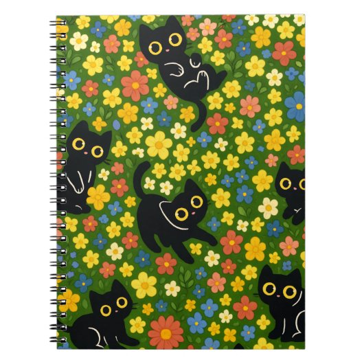 Cute Black Cats Floral Meadow Pattern ノートブック (正面)