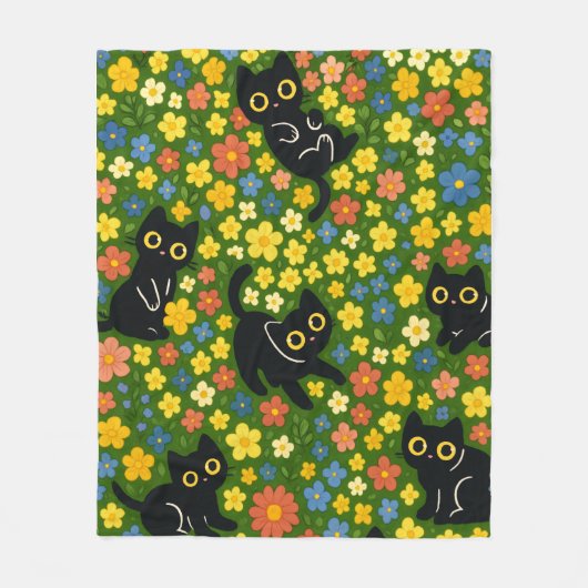 Cute Black Cats Floral Meadow Pattern フリースブランケット (正面)