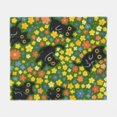 Cute Black Cats Floral Meadow Pattern フリースブランケット (正面(横))