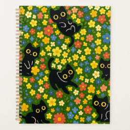 Cute Black Cats Floral Meadow Pattern プランナー手帳
