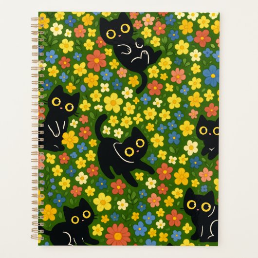 Cute Black Cats Floral Meadow Pattern プランナー手帳 (正面)