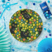 Cute Black Cats Floral Meadow Pattern ペーパープレート (パーティー)