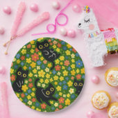 Cute Black Cats Floral Meadow Pattern ペーパープレート (パーティー)