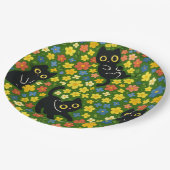 Cute Black Cats Floral Meadow Pattern ペーパープレート (アングル)