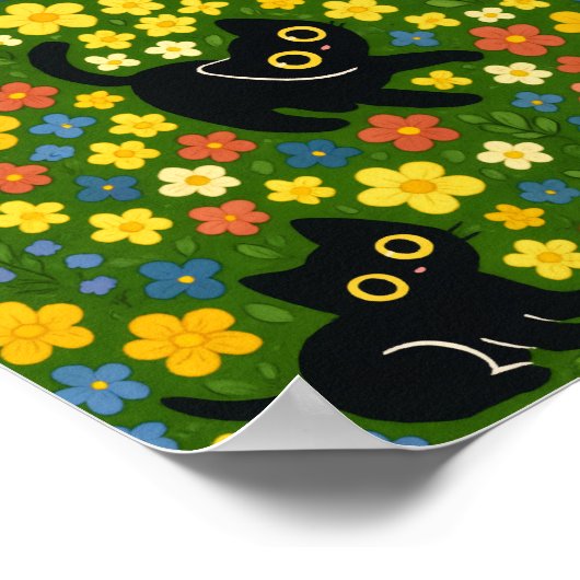 Cute Black Cats Floral Meadow Pattern ポスター (角)