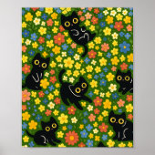 Cute Black Cats Floral Meadow Pattern ポスター (正面)