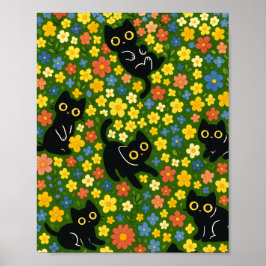 Cute Black Cats Floral Meadow Pattern ポスター