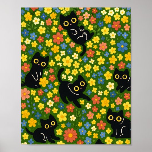Cute Black Cats Floral Meadow Pattern ポスター (正面)