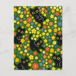 Cute Black Cats Floral Meadow Pattern ポストカード