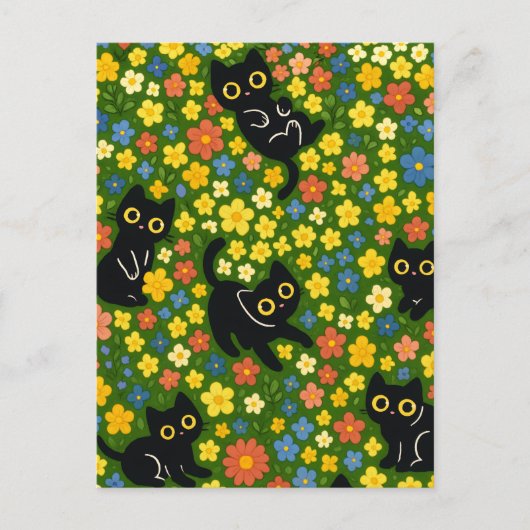 Cute Black Cats Floral Meadow Pattern ポストカード (正面)