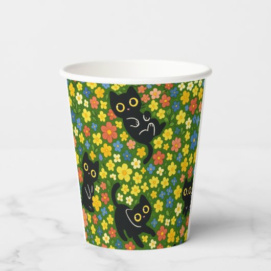Cute Black Cats Floral Meadow Pattern 紙コップ (裏面)