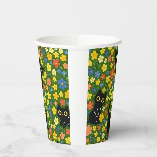Cute Black Cats Floral Meadow Pattern 紙コップ (左)