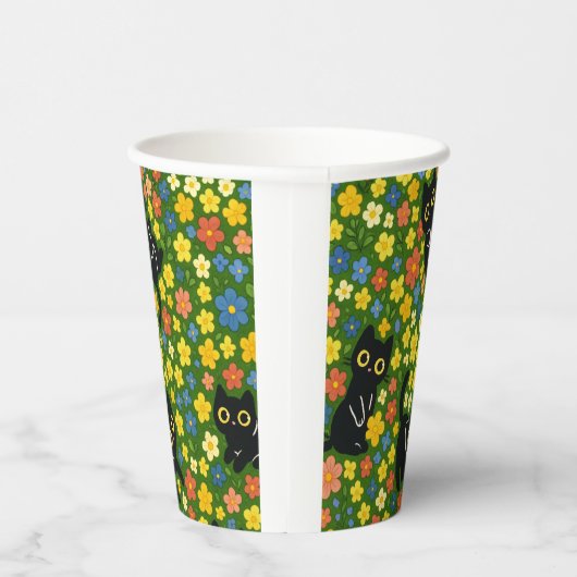 Cute Black Cats Floral Meadow Pattern 紙コップ (右)