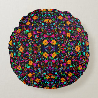 Cute black colorful abstract flowers ラウンドクッション