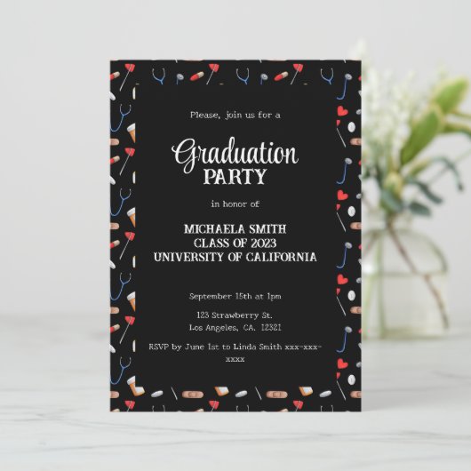 Cute Black Doctor Pattern Graduation Party  招待状 (スタンド正面)