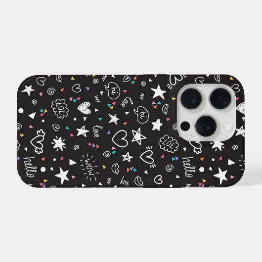 Cute Black Doodle Pattern Phone Case with Hearts  iPhoneケース (裏面横)