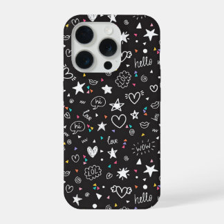 Cute Black Doodle Pattern Phone Case with Hearts  iPhone 15 Proケース