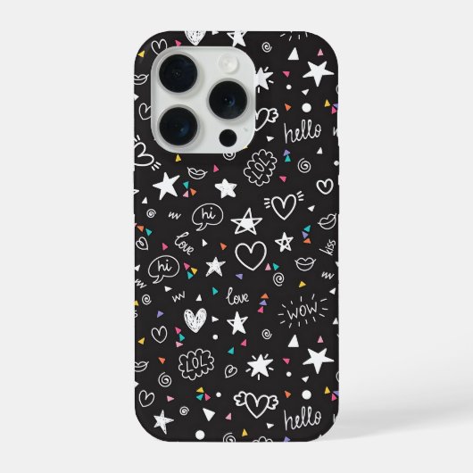 Cute Black Doodle Pattern Phone Case with Hearts  iPhoneケース (裏面)
