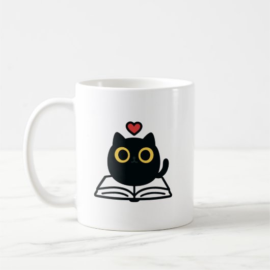Cute Black Kawaii Cat Reading Book Cartoon コーヒーマグカップ (左)