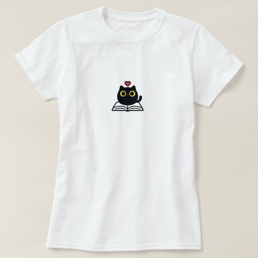 Cute Black Kawaii Cat Reading Book Cartoon Tシャツ (デザイン正面)