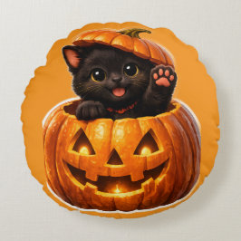 Cute black kitten and jack-o'-lantern spooky sweet ラウンドクッション