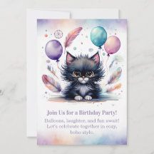Cute Black Kitten Birthday Invitation  Boho 