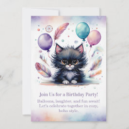Cute Black Kitten Birthday Invitation  Boho  招待状