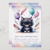 Cute Black Kitten Birthday Invitation Boho 招待状 (正面/裏面)