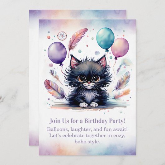 Cute Black Kitten Birthday Invitation  Boho  招待状 (正面/裏面)