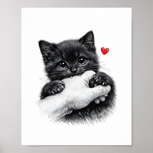 Cute Black Kitten Biting Hand with Love Hear ポスター (正面)