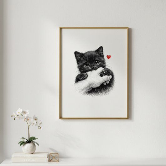 Cute Black Kitten Biting Hand with Love Hear ポスター