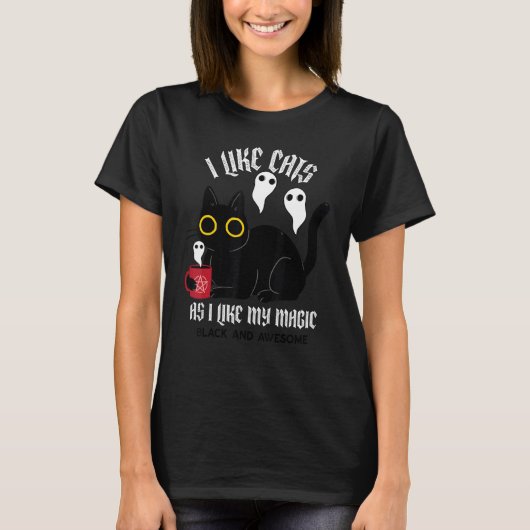 Cute Black Kitty Witchy  With Ghosts Black Magic Tシャツ (正面)