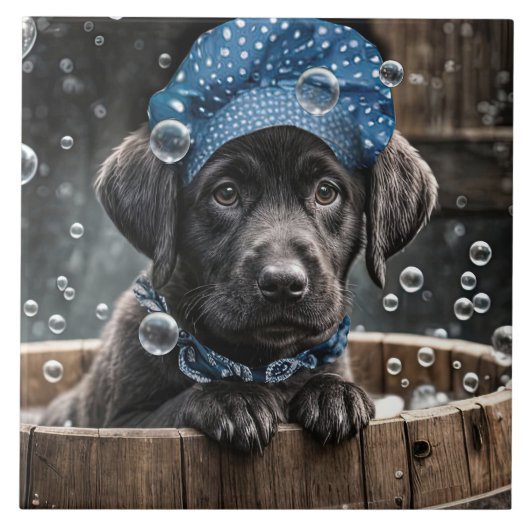Cute Black Lab Puppy Dog Spa Bubble Bath タイル (正面)