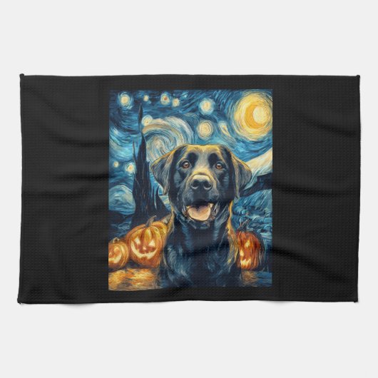Cute Black Labrador Dog Halloween Jack O Lantern P キッチンタオル (横)