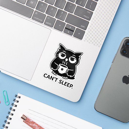 Cute Black Owl Can't Sleep Coffee Cup Illustration シール (ノートパソコンとiPhone)