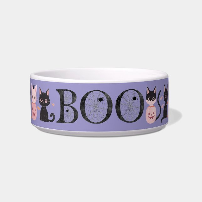 Cute Black Pink Purple Halloween Boo Cat Feeding ボウル (正面)
