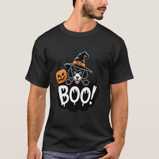 Cute Black Poodle Witch Hat Spooky Pumpkin Hallowe Tシャツ (正面)