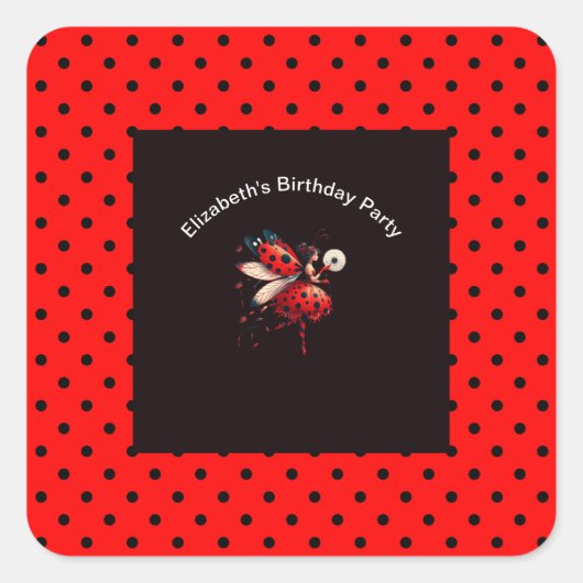Cute Black & Red Ladybug Fairy Birthday Party  スクエアシール (正面)