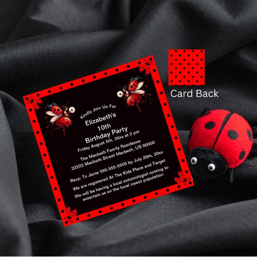 Cute Black/Red Ladybug Fairy Birthday Party 招待状