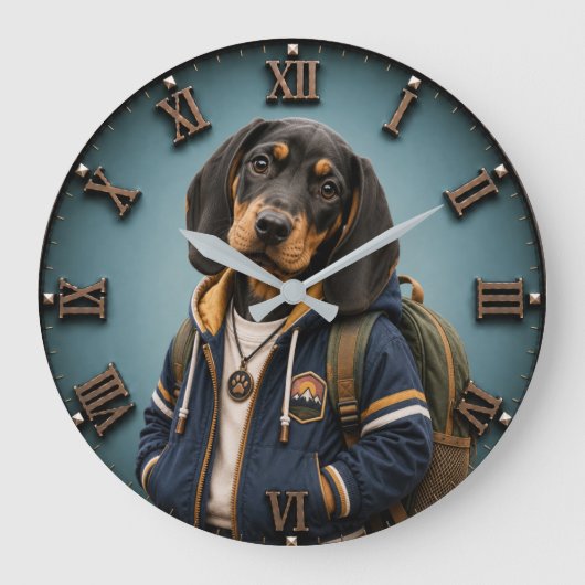 Cute Black & Tan Coonhound Puppy ラージ壁時計 (正面)