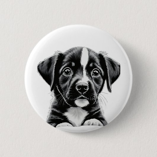 Cute Black & White Puppy – Adorable Dog Button 缶バッジ (正面)