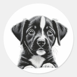 Cute Black & White Puppy – Adorable Dog Sticker ラウンドシール